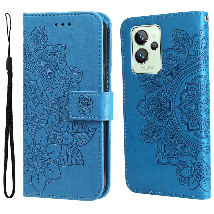 Light blue floral embossed flip leather phone case with wrist strap and camera cutout