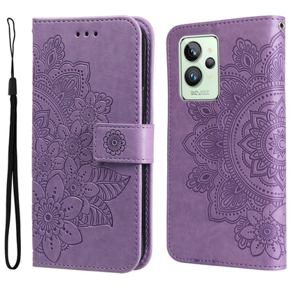 Purple embossed floral flip leather phone case with wrist strap and card-slot cutouts