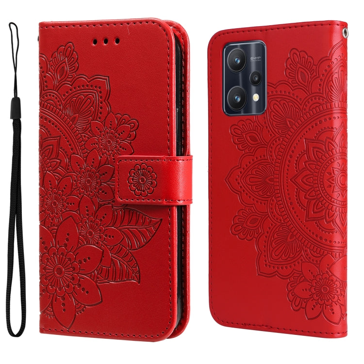 Red embossed floral flip leather phone case with wrist strap and card-slot cutouts