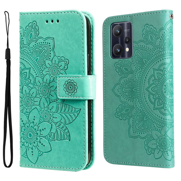 Mint green embossed floral flip leather phone case with wrist strap and card-slot cutouts