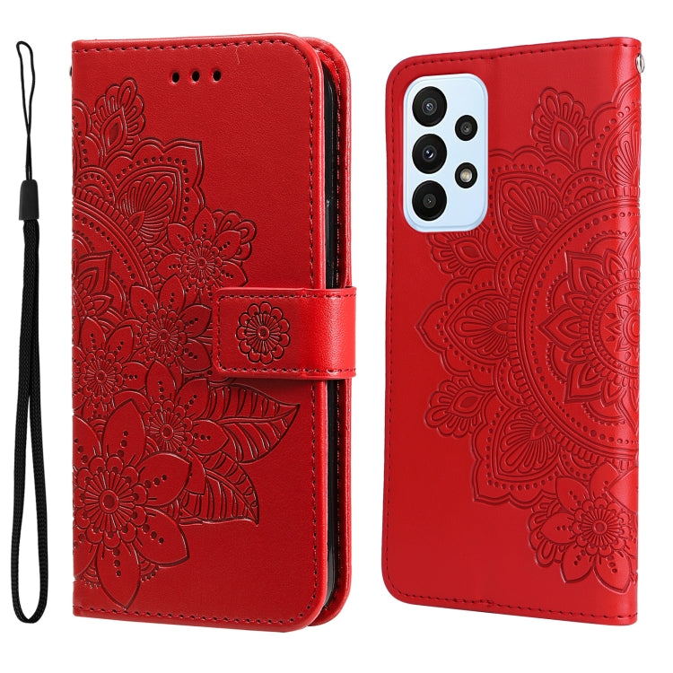 Vivid red embossed floral flip leather phone case with wrist strap and camera cutout