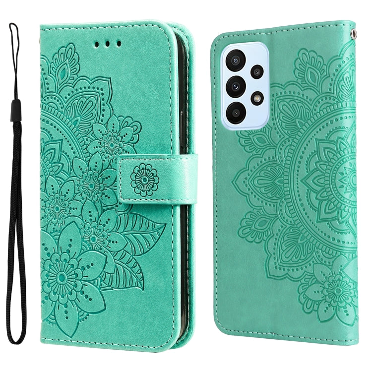 Aqua embossed floral flip leather phone case with wrist strap and camera cutout