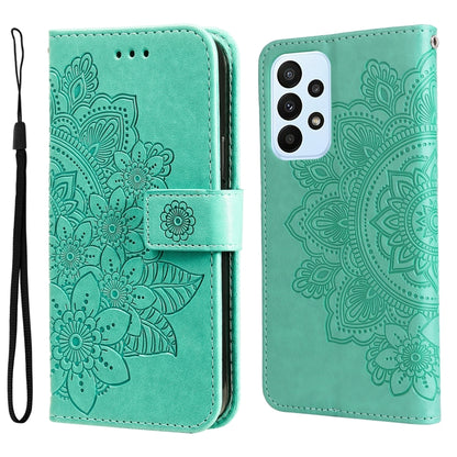 Aqua embossed floral flip leather phone case with wrist strap and camera cutout