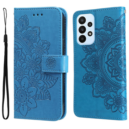 Sky blue embossed floral flip leather phone case with wrist strap and camera cutout