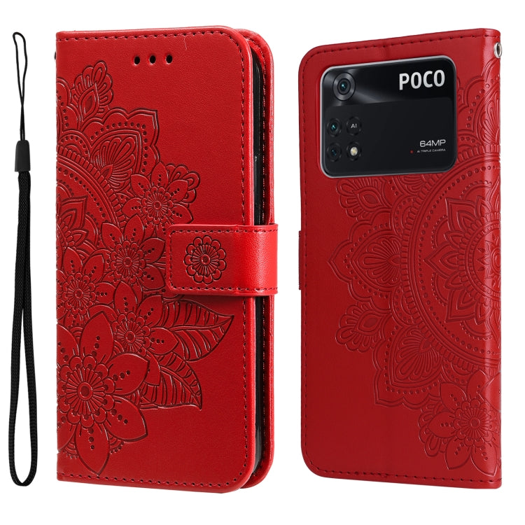 Red embossed floral flip phone case with wrist strap and magnetic buckle