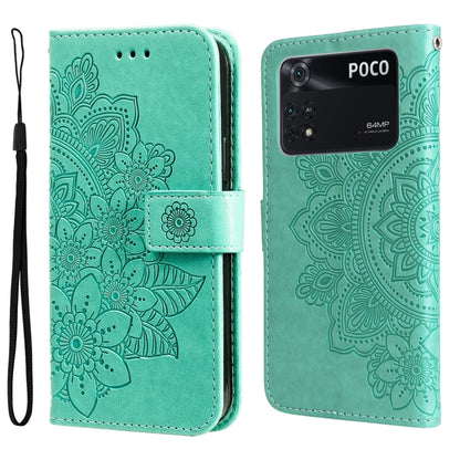Mint green embossed floral flip phone case with wrist strap and magnetic buckle