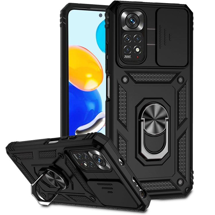 Rugged black phone case with sliding camera cover and ring kickstand holder