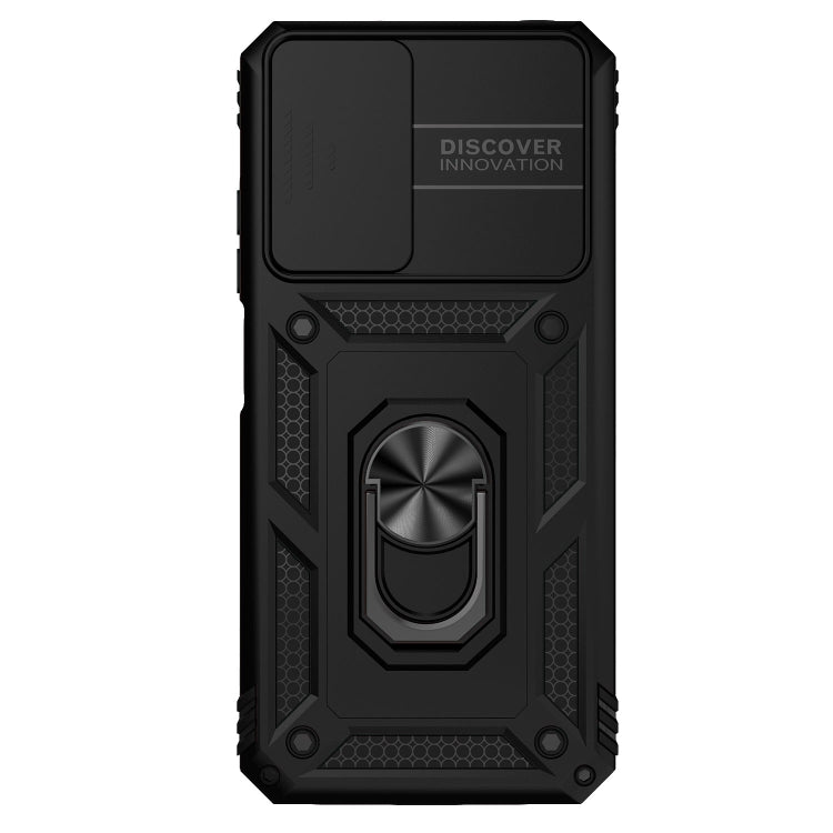 Rugged black phone case with ring stand holder and raised camera cutouts