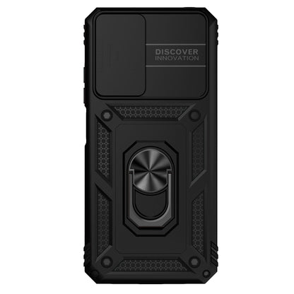 Rugged black phone case with ring stand holder and raised camera cutouts