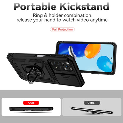 Rugged black phone case with built-in ring kickstand and sliding camera cover