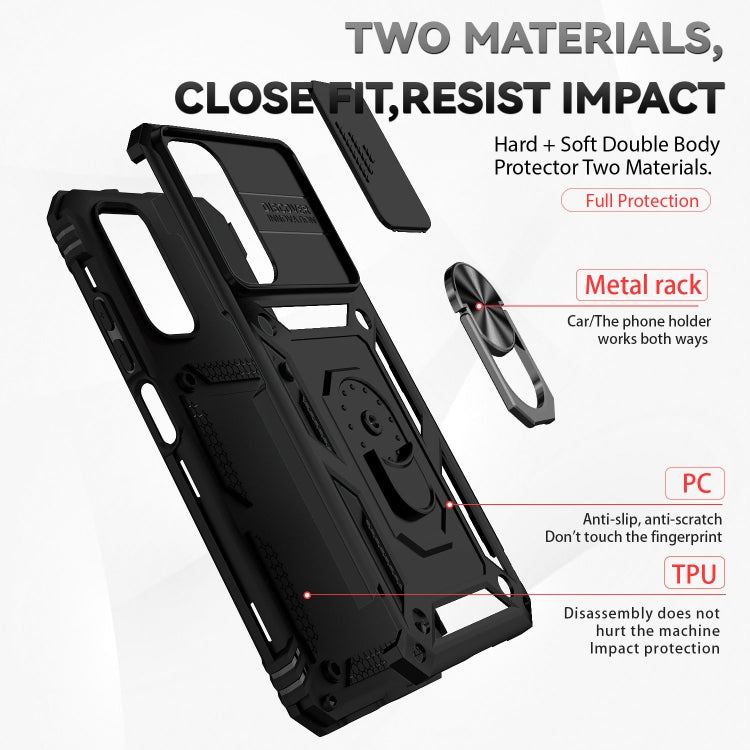 Rugged black phone case with metal ring holder and two-material PC/TPU design