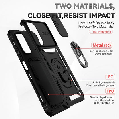 Rugged black phone case with metal ring holder and two-material PC/TPU design