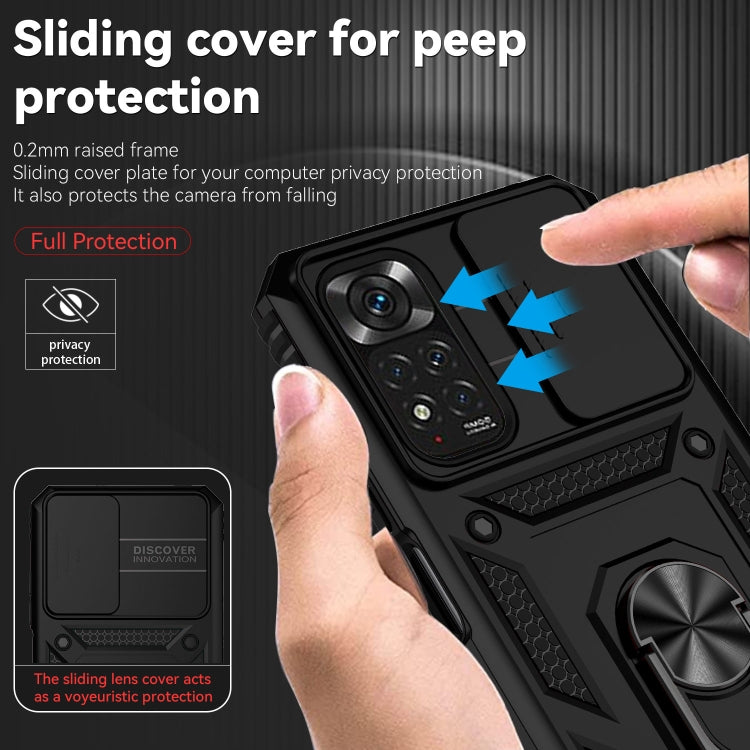 Rugged black phone case with sliding camera cover and ring kickstand holder