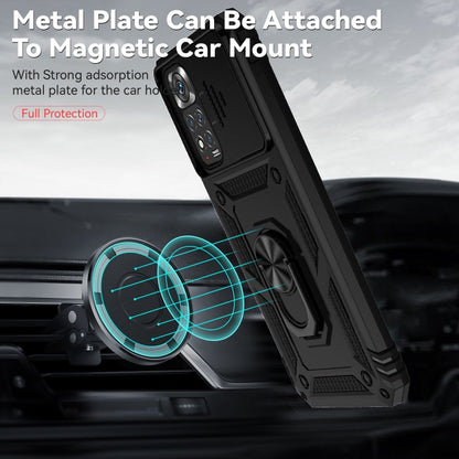 Rugged black phone case with metal plate for magnetic car mount and ring holder