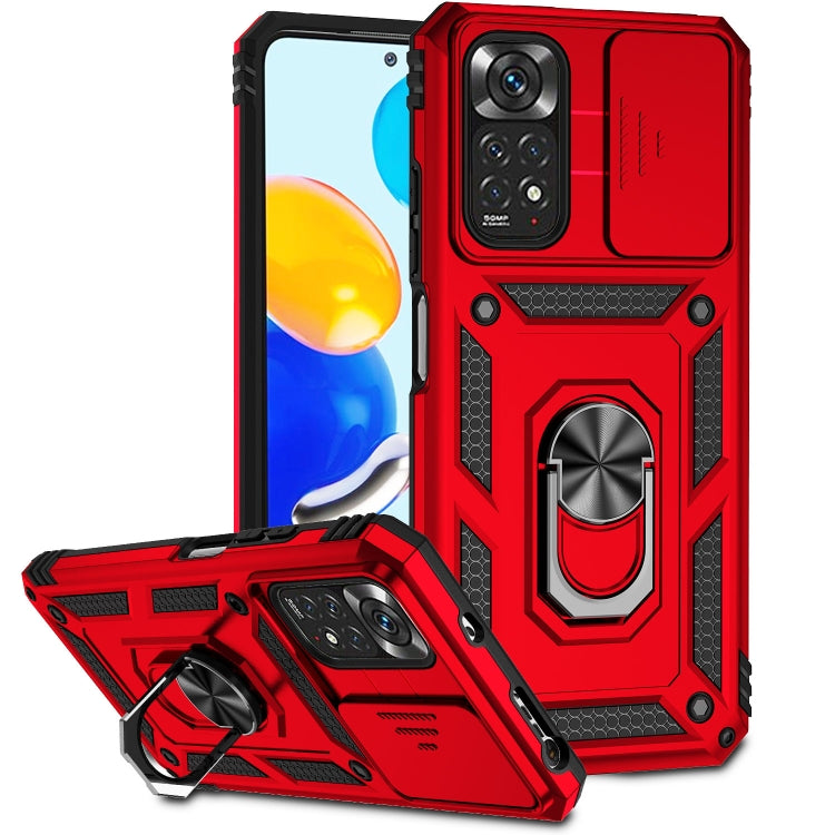 Rugged red phone case with sliding camera cover and ring kickstand holder