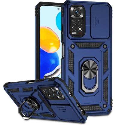 Blue rugged sliding camshield phone case with ring stand and camera shield