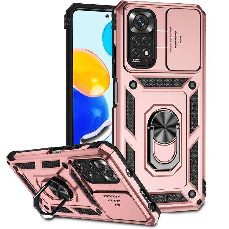 Rose pink rugged sliding camshield phone case with ring stand and camera cover