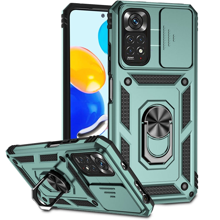 Dark green rugged sliding camshield phone case with ring stand and camera shield