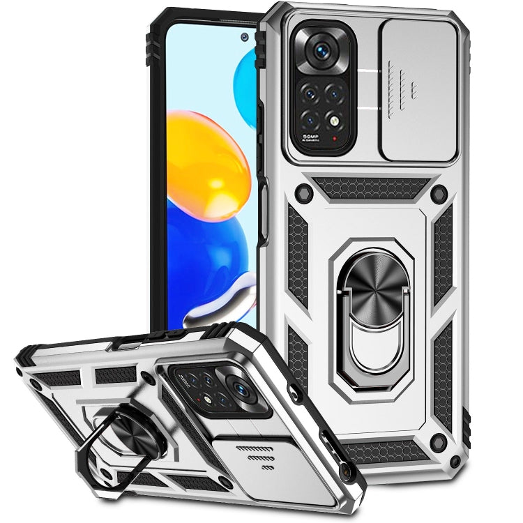 Silver rugged sliding camshield phone case with ring stand and camera cover