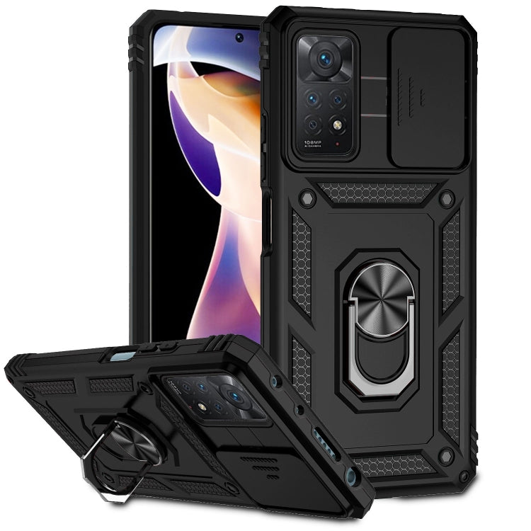 Rugged black phone case with sliding camera cover and ring kickstand