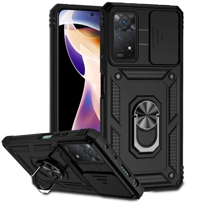 Rugged black phone case with sliding camera cover and ring kickstand