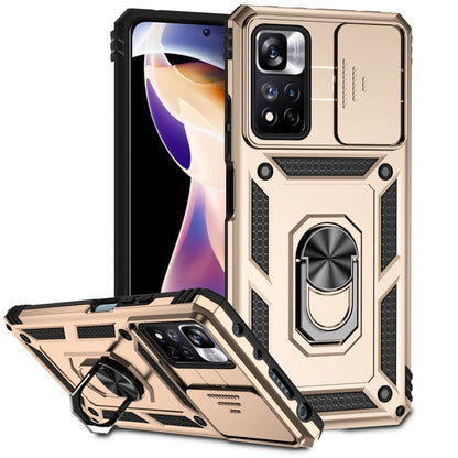 Gold rugged sliding camshield phone case with ring stand and front cutout