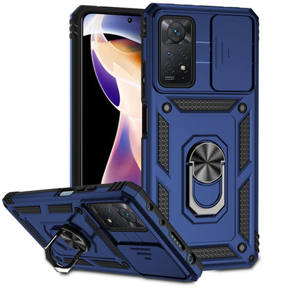 Blue rugged sliding camshield phone case with ring stand and raised camera bezel