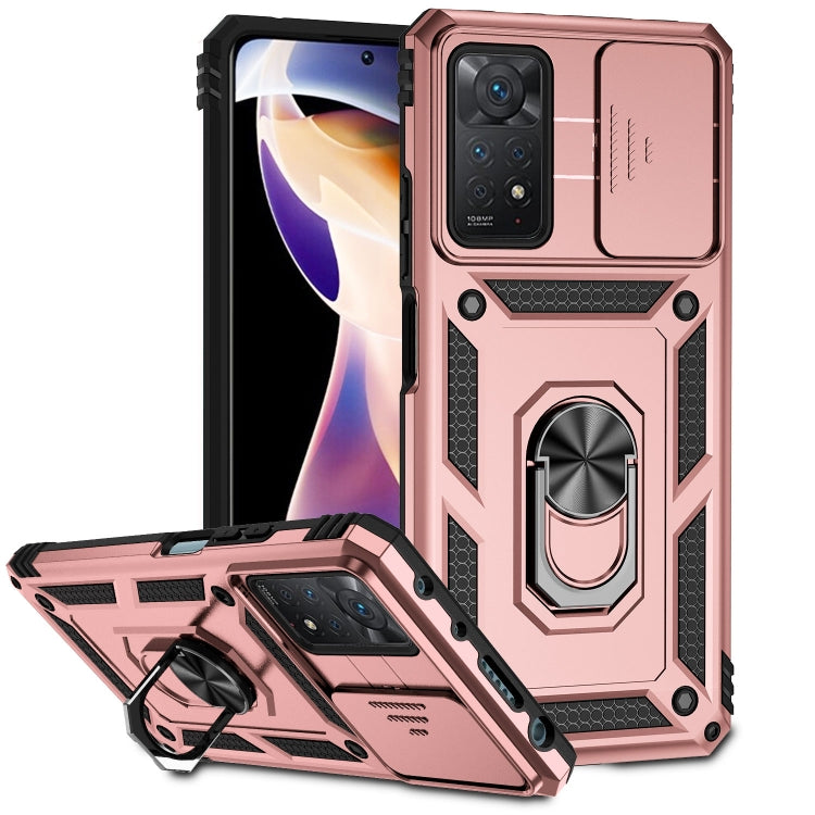 Rose pink rugged sliding camshield phone case with ring stand and side buttons
