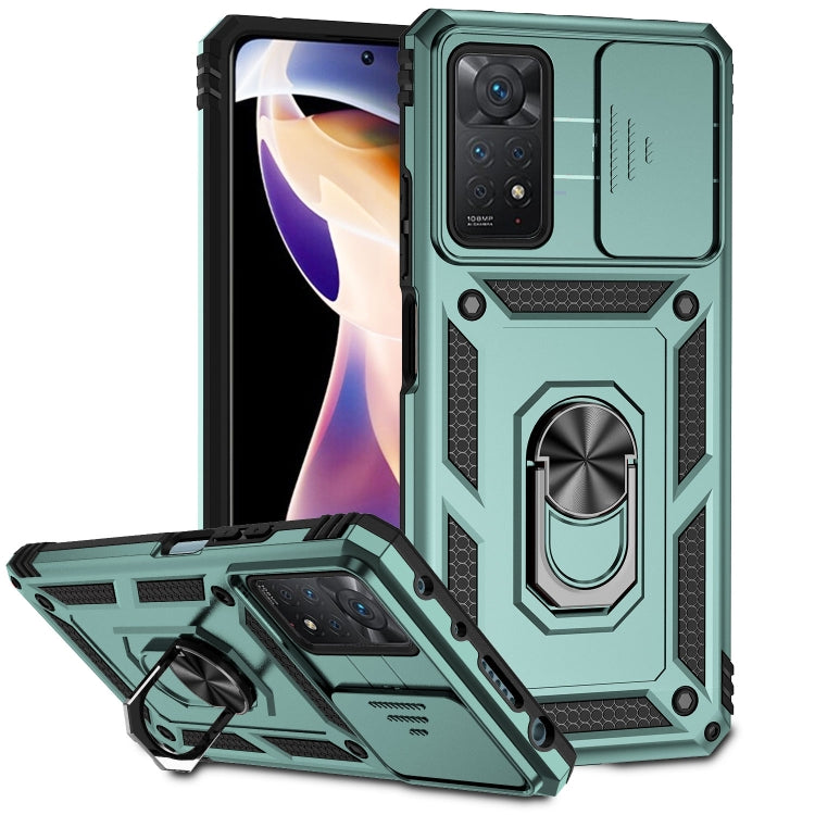 Dark green rugged sliding camshield phone case with ring stand and front cutout