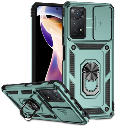 Dark green rugged sliding camshield phone case with ring stand and front cutout