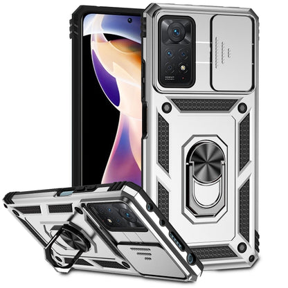 Silver rugged sliding camshield phone case with ring stand and raised camera cover