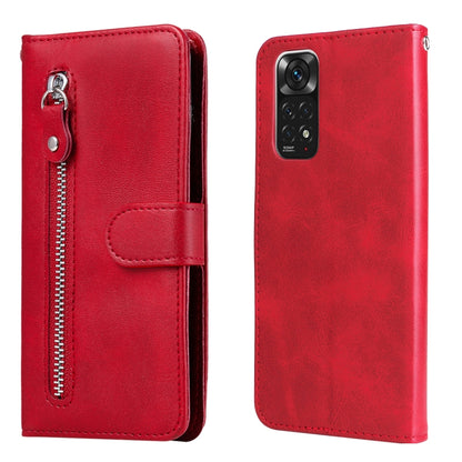 Red leather horizontal flip phone case with zipper pocket and snap strap