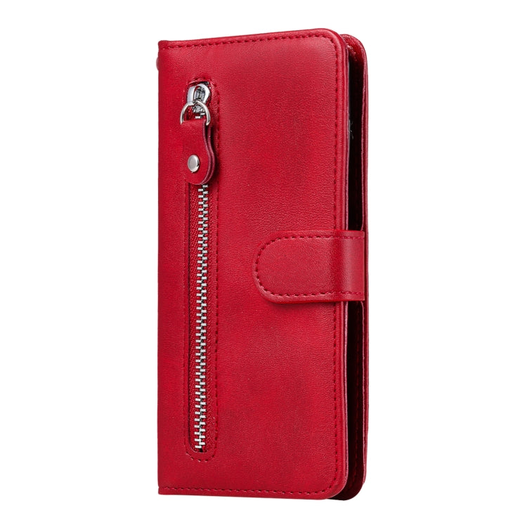 Red leather flip phone case with long zipper and side card holder