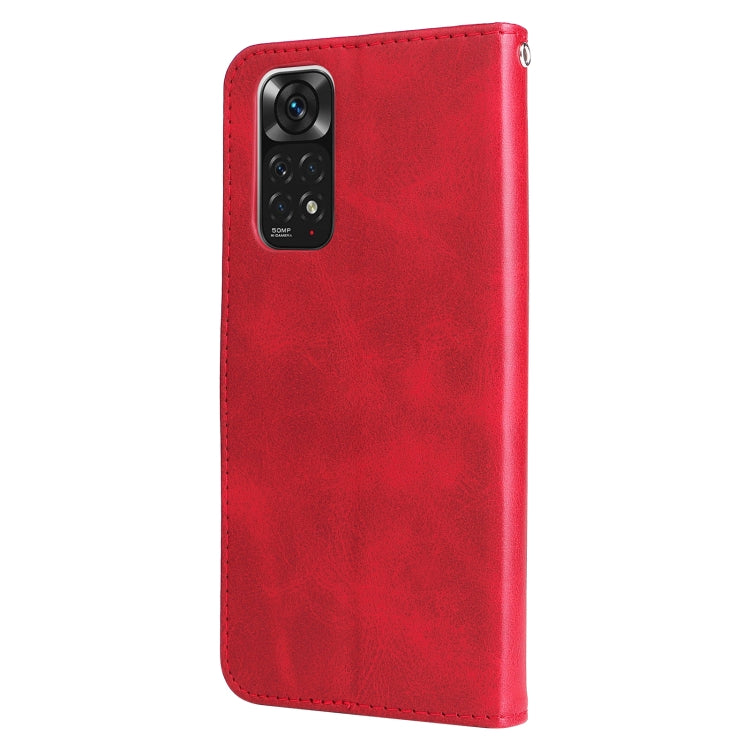 Red leather flip phone case with camera cutout and smooth front panel