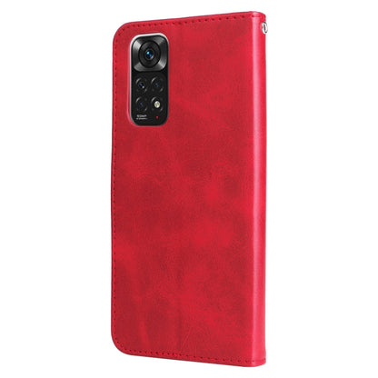 Red leather flip phone case with camera cutout and smooth front panel