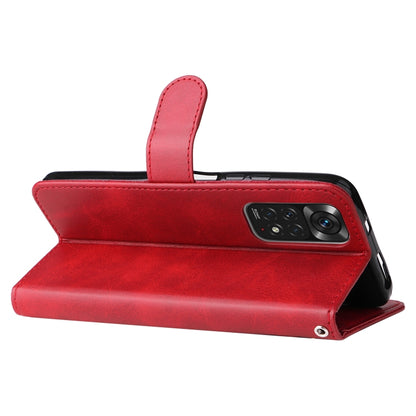 Red leather wallet flip phone case with fold-over cover and camera opening