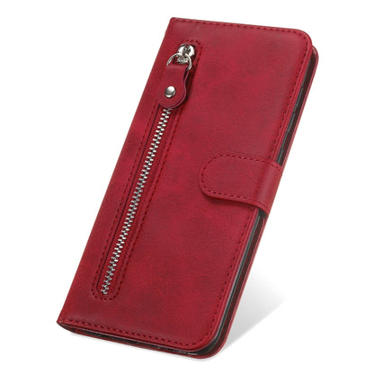 Red leather flip phone case with long zipper and front flap