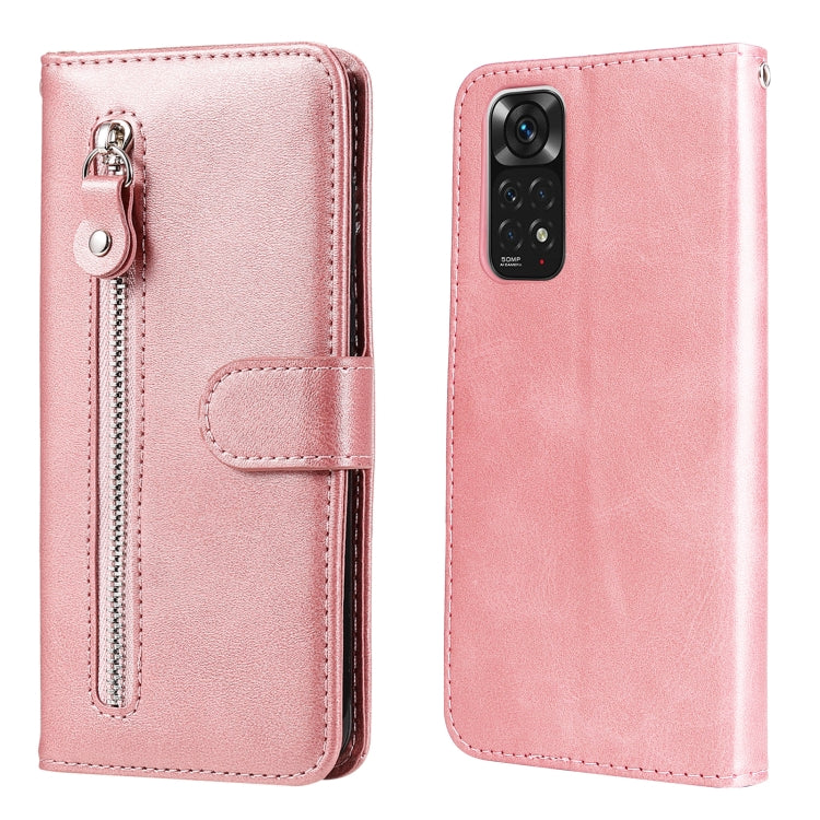 Rose gold leather horizontal flip phone case with zipper pocket and snap strap