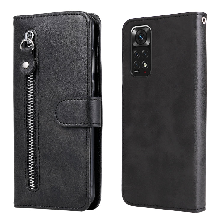 Black leather horizontal flip phone case with zipper pocket and snap strap