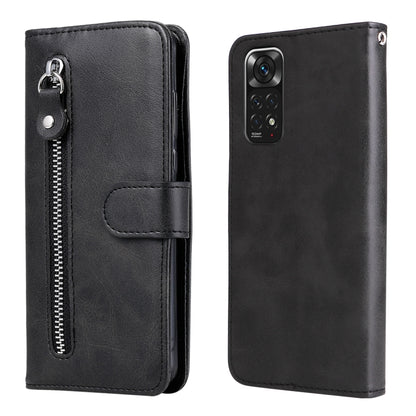 Black leather horizontal flip phone case with zipper pocket and snap strap