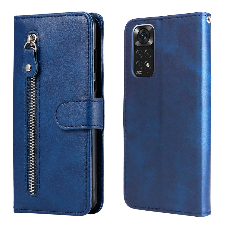 Blue leather horizontal flip phone case with zipper pocket and snap strap