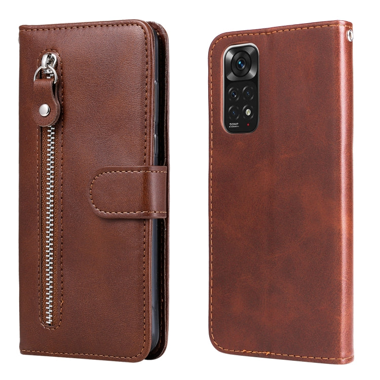Brown leather flip wallet phone case with zipper, card slot, and rear camera cutout.