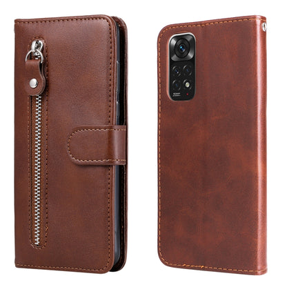 Brown leather flip wallet phone case with zipper, card slot, and rear camera cutout.