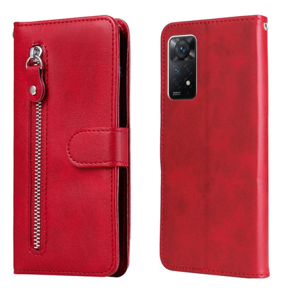 Red leather flip wallet phone case with zipper, card slot, and rear camera cutout.