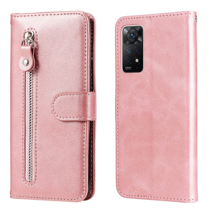 Rose gold leather flip wallet phone case with zipper, card slot, and rear camera cutout.