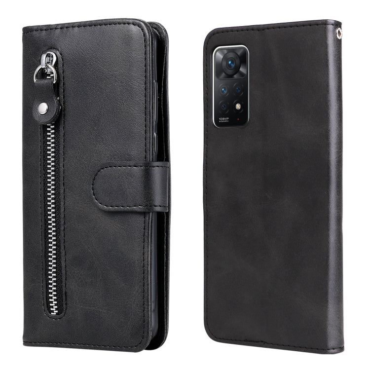 Black leather flip wallet phone case with zipper, card slot, and rear camera cutout.