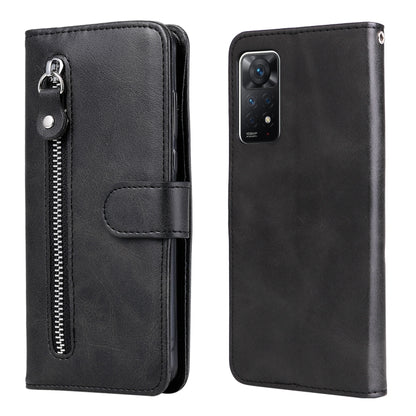 Black leather flip wallet phone case with zipper, card slot, and rear camera cutout.