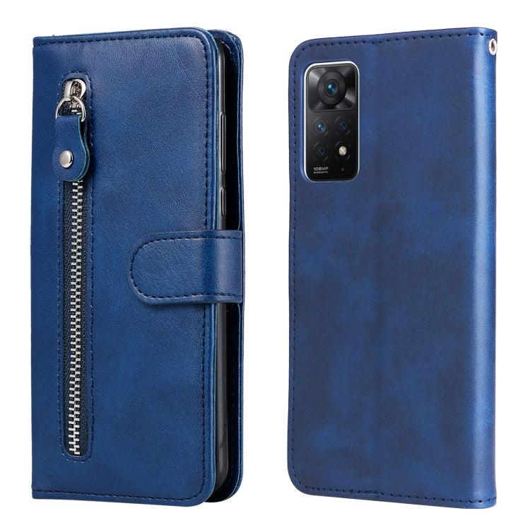 Blue leather flip wallet phone case with zipper, card slot, and rear camera cutout.