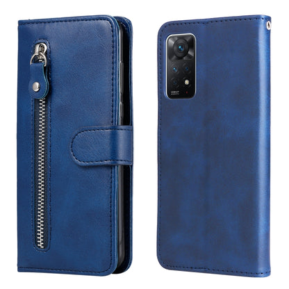 Blue leather flip wallet phone case with zipper, card slot, and rear camera cutout.