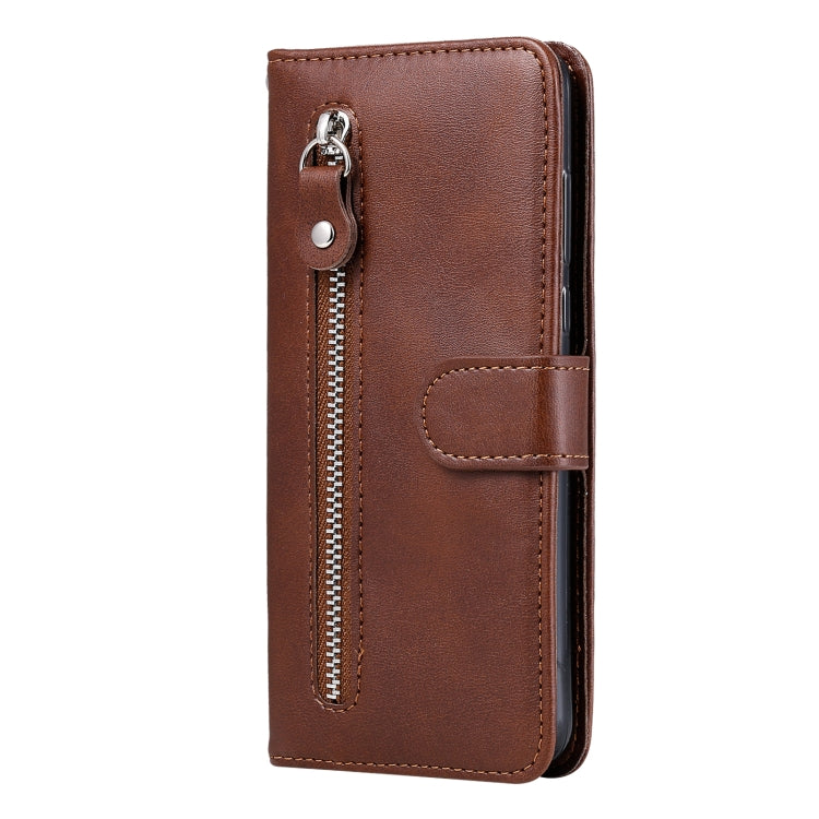 Brown leather flip wallet phone case with zipper pull and card slot.